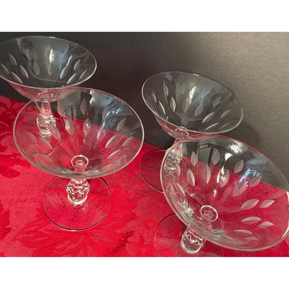 Vintage Tiffin-Franciscan Etched Crystal Coupe Glasses Set of 4 Faceted Stem MCM